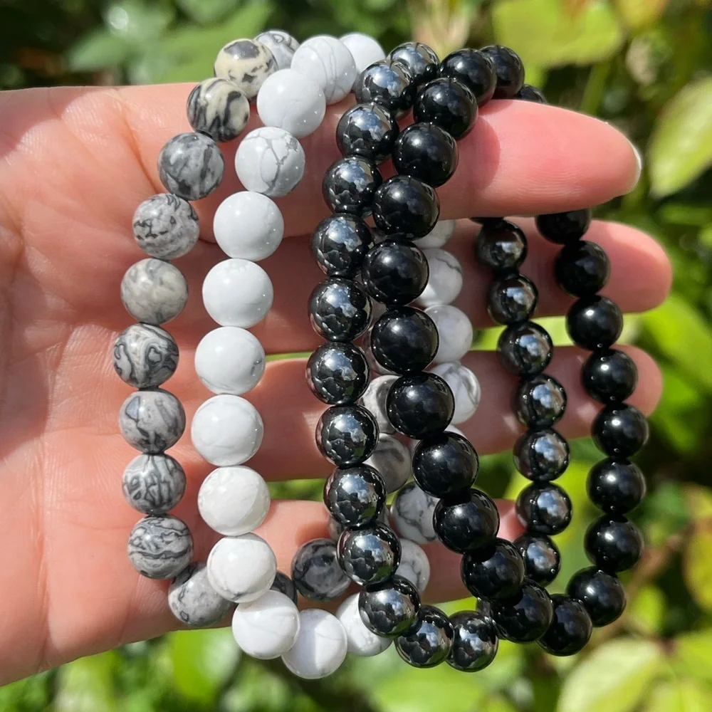 8mm stretchable black white‎ crystal bracelet set